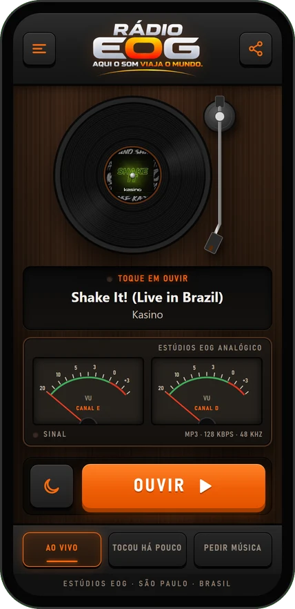 O app da Rádio EOG no celular, com o toca-discos